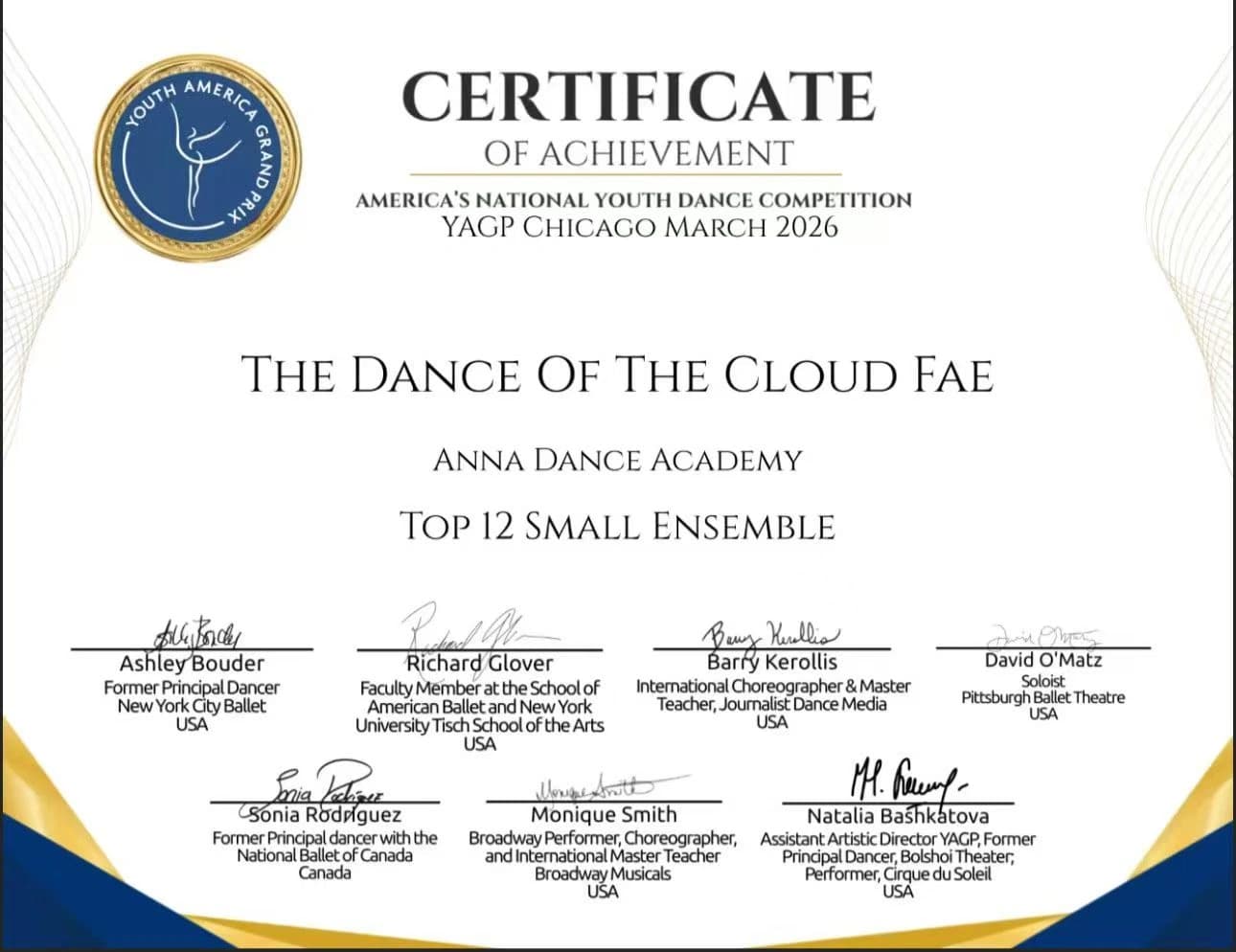 YAGP Chicago March 2026 certificate awarding Anna Dance Academy’s The Dance of the Cloud Fae Top 12 Small Ensemble.