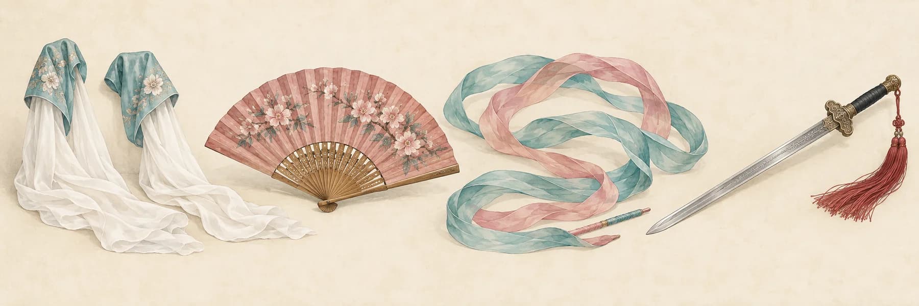 Illustrated water sleeves, an open folding fan, flowing silk ribbons, and a tasselled stage sword, from left to right.