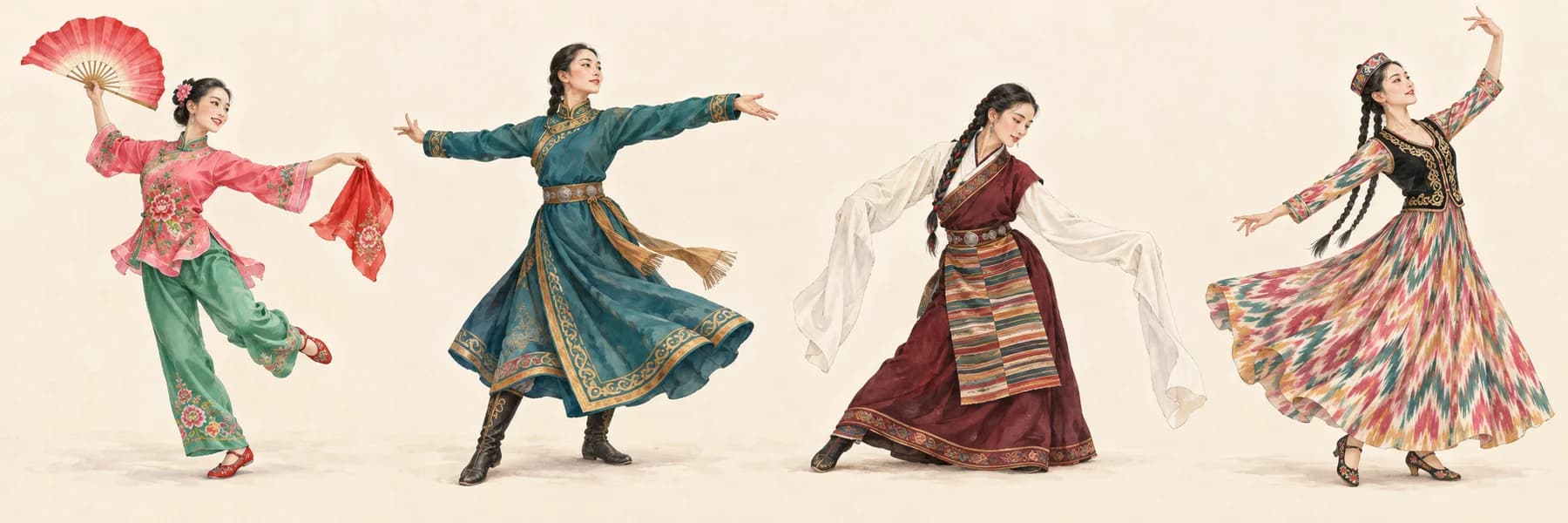 Four illustrated dancers in Han Yangge, Mongolian-inspired, Tibetan-inspired, and Uyghur-inspired stage costumes, from left to right.